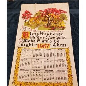 Vintage linen tea towel bless this house 1967 calendar new old stock